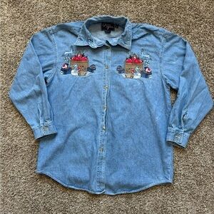 Vintage Lets Quizz Again embroidered denim button down shirt